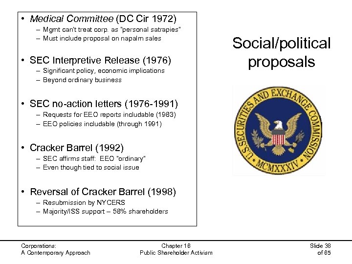  • Medical Committee (DC Cir 1972) – Mgmt can’t treat corp. as “personal