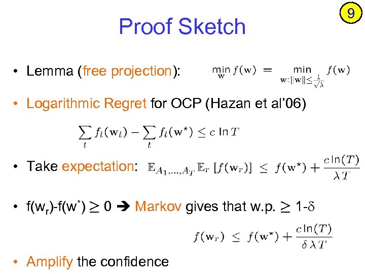 Proof Sketch • Lemma (free projection): • Logarithmic Regret for OCP (Hazan et al’