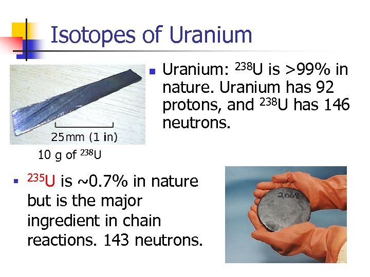 Isotopes of Uranium n Uranium: 238 U is >99% in nature. Uranium has 92