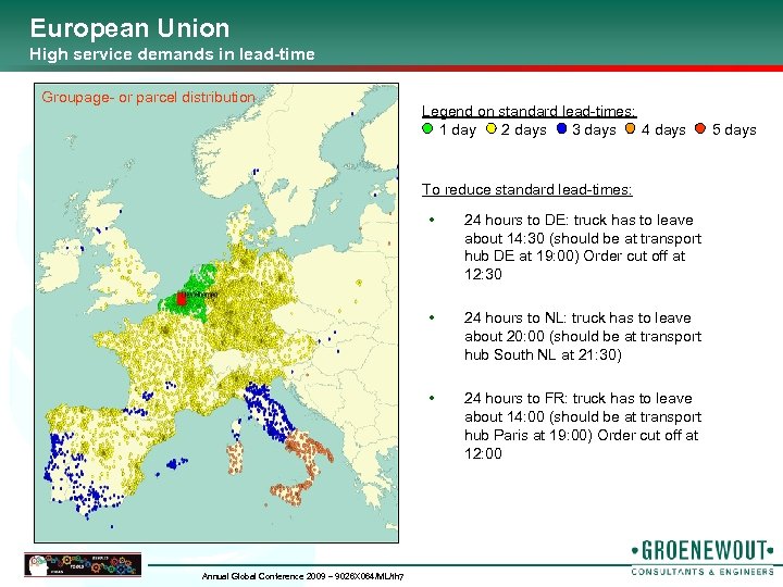 European Union High service demands in lead-time Groupage- or parcel distribution Legend on standard