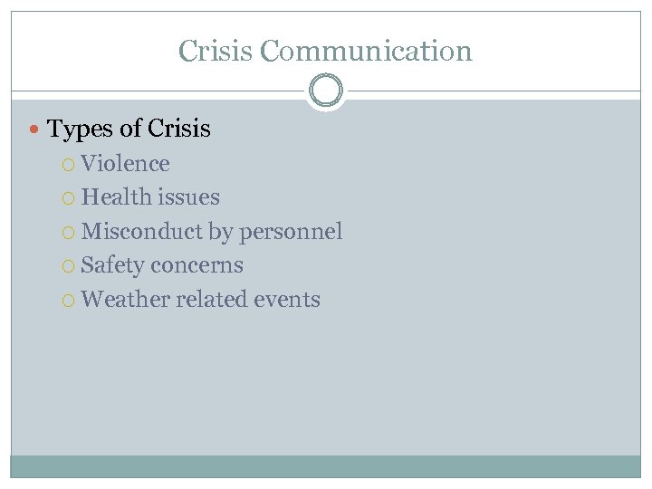 Crisis Communication Types of Crisis Violence Health issues Misconduct by personnel Safety concerns Weather