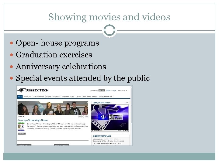 Showing movies and videos Open- house programs Graduation exercises Anniversary celebrations Special events attended