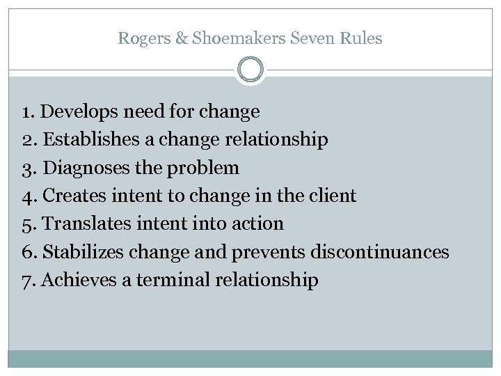 Rogers & Shoemakers Seven Rules 1. Develops need for change 2. Establishes a change