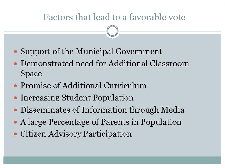 Factors that lead to a favorable vote Support of the Municipal Government Demonstrated need