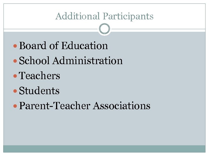 Additional Participants Board of Education School Administration Teachers Students Parent-Teacher Associations 