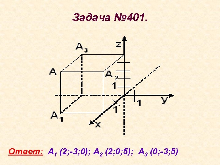 Задача № 401. Ответ: А 1 (2; -3; 0); А 2 (2; 0; 5);