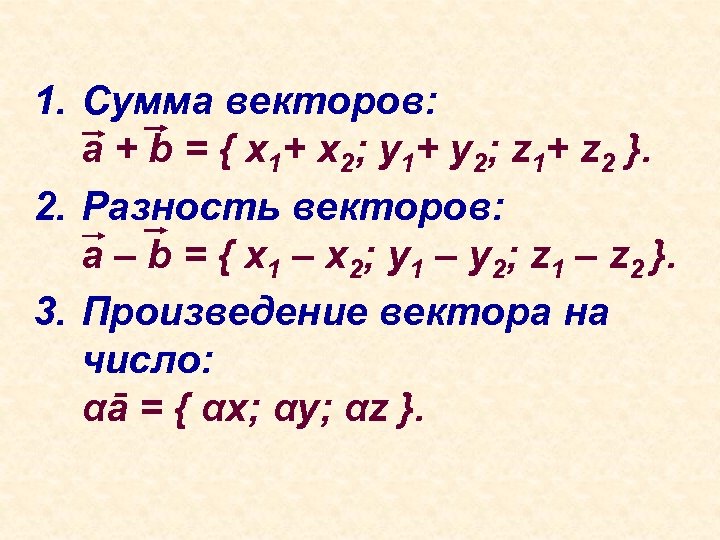 1. Сумма векторов: a + b = { x 1+ x 2; y 1+