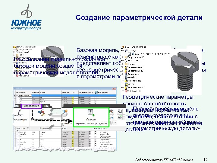 Создание параметрической детали Базовая модель, на основании которой создается На основании правильносемейство деталей в