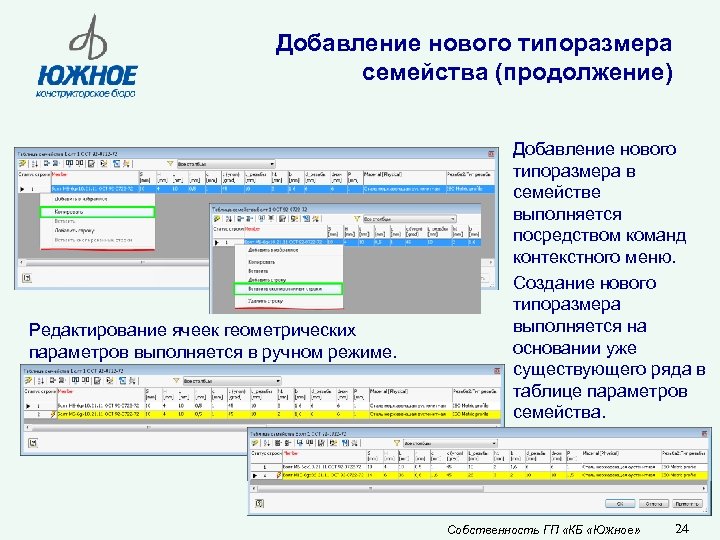 Добавление нового типоразмера семейства (продолжение) Редактирование ячеек геометрических параметров выполняется в ручном режиме. Добавление