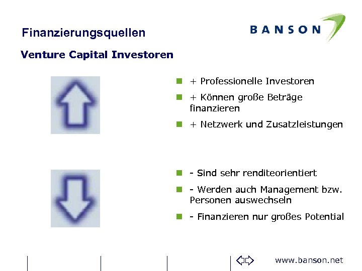 Finanzierungsquellen Venture Capital Investoren n + Professionelle Investoren n + Können große Beträge finanzieren