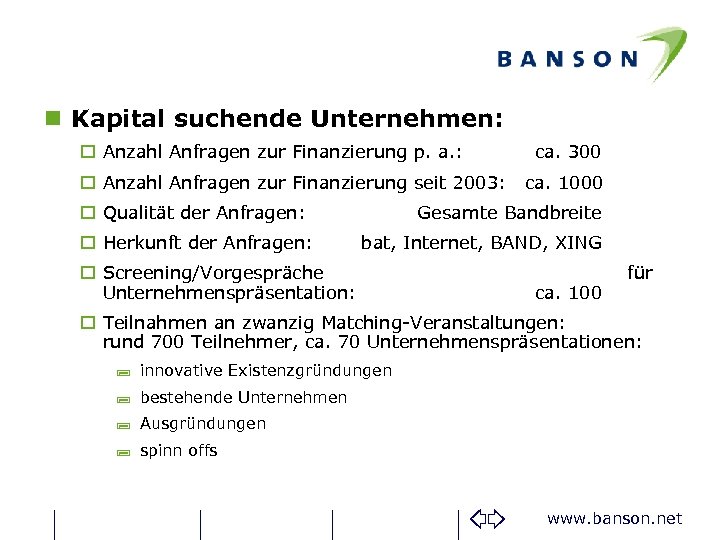 n Kapital suchende Unternehmen: o Anzahl Anfragen zur Finanzierung p. a. : o Anzahl