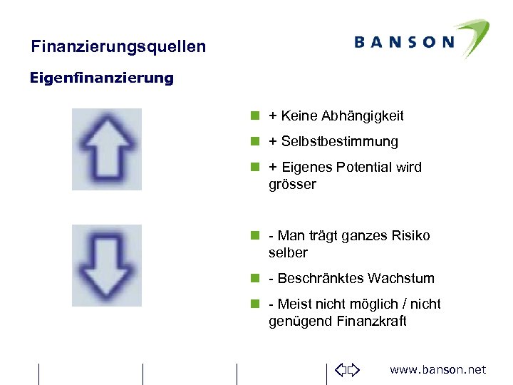 Finanzierungsquellen Eigenfinanzierung n + Keine Abhängigkeit n + Selbstbestimmung n + Eigenes Potential wird