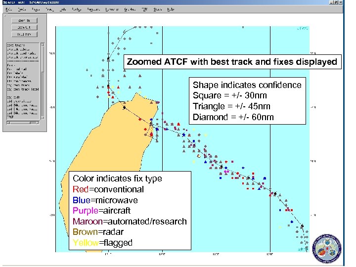 Zoomed ATCF with best track and fixes displayed Shape indicates confidence Square = +/-