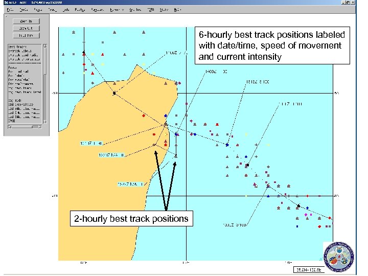 6 -hourly best track positions labeled with date/time, speed of movement and current intensity