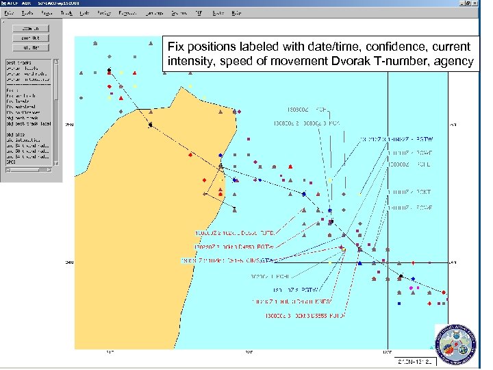 Fix positions labeled with date/time, confidence, current intensity, speed of movement Dvorak T-number, agency