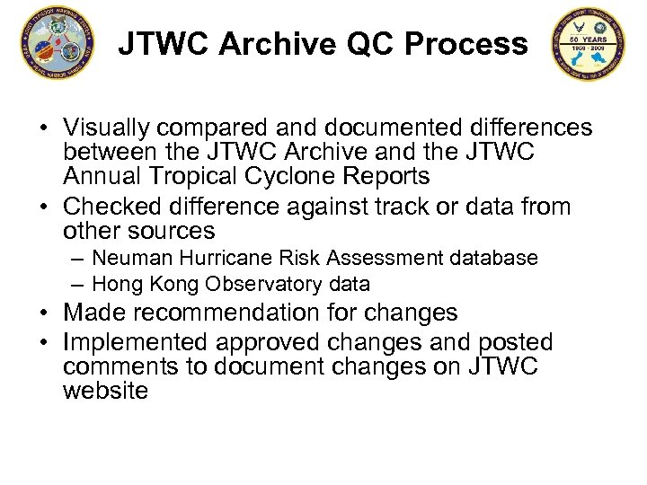 JTWC Archive QC Process • Visually compared and documented differences between the JTWC Archive