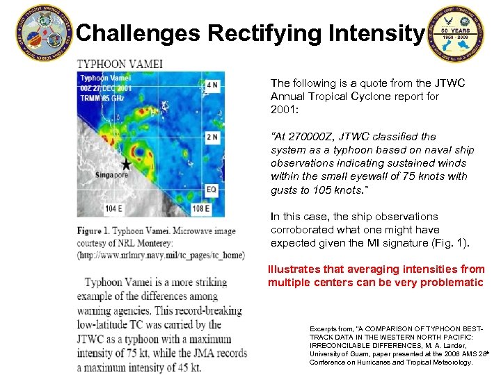 Challenges Rectifying Intensity The following is a quote from the JTWC Annual Tropical Cyclone