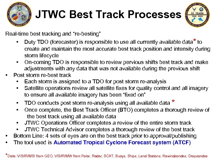 JTWC Best Track Processes Real-time best tracking and “re-besting” Duty TDO (forecaster) is responsible