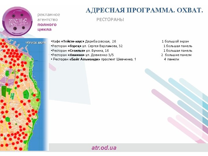 АДРЕСНАЯ ПРОГРАММА. ОХВАТ. РЕСТОРАНЫ • Кафе «Тейсти-хаус» Дерибасовская, 26 • Ресторан «Горец» ул. Сергея