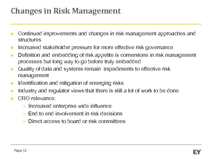 Changes in Risk Management ► ► ► ► Continued improvements and changes in risk