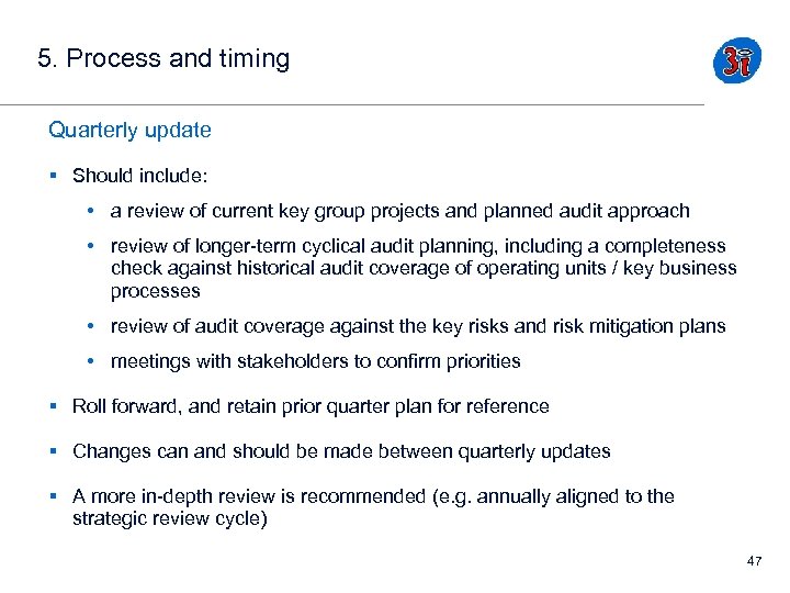 5. Process and timing Quarterly update § Should include: • a review of current