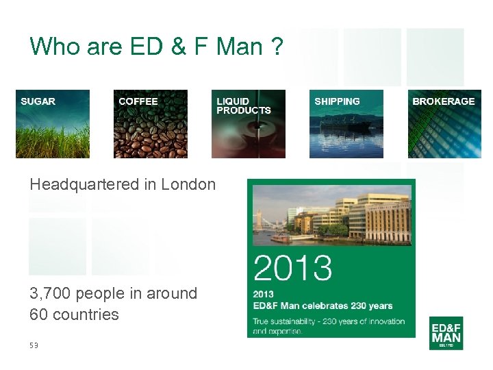 Who are ED & F Man ? Headquartered in London 3, 700 people in