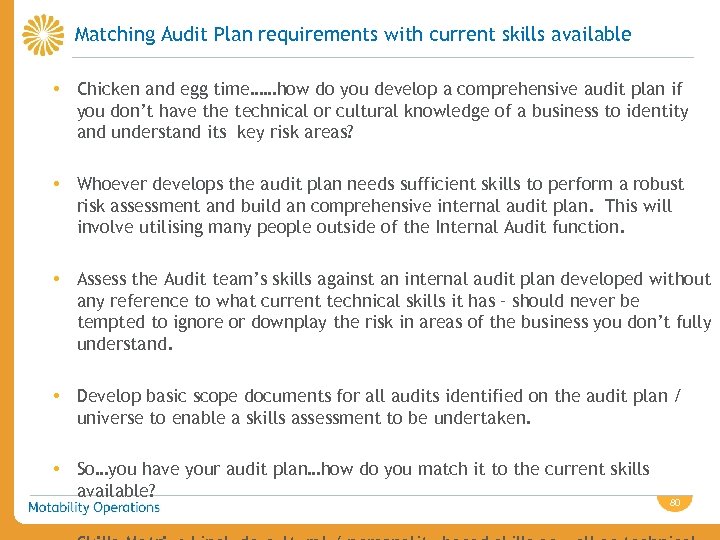 Matching Audit Plan requirements with current skills available • Chicken and egg time……how do