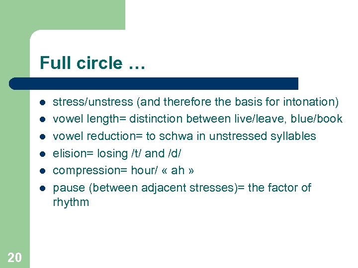 Full circle … l l l 20 stress/unstress (and therefore the basis for intonation)