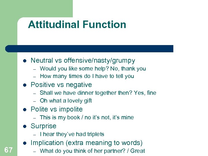 Attitudinal Function l Neutral vs offensive/nasty/grumpy – – l Positive vs negative – –