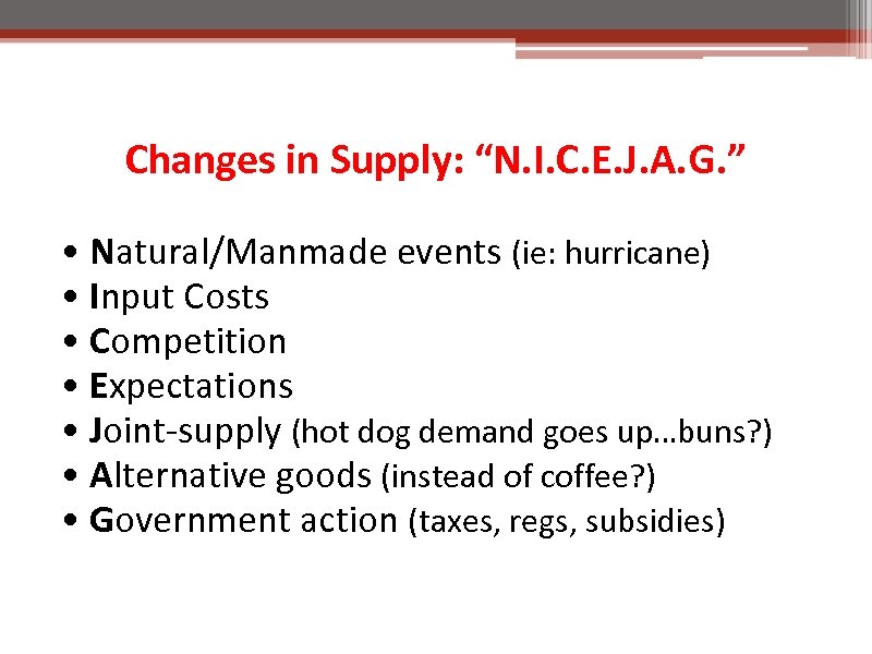 Changes in Supply: “N. I. C. E. J. A. G. ” • Natural/Manmade events