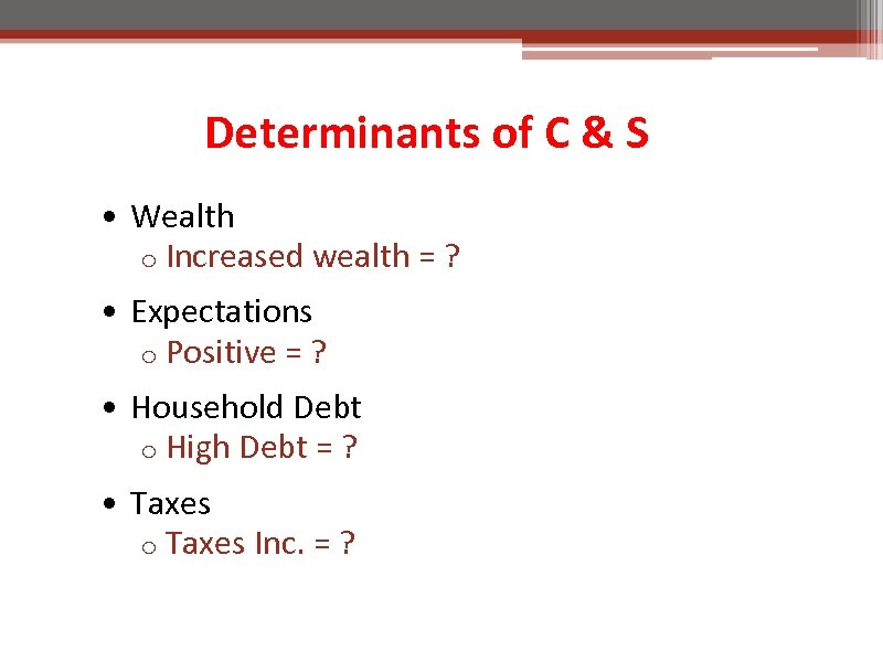 Determinants of C & S • Wealth o Increased wealth = ? • Expectations