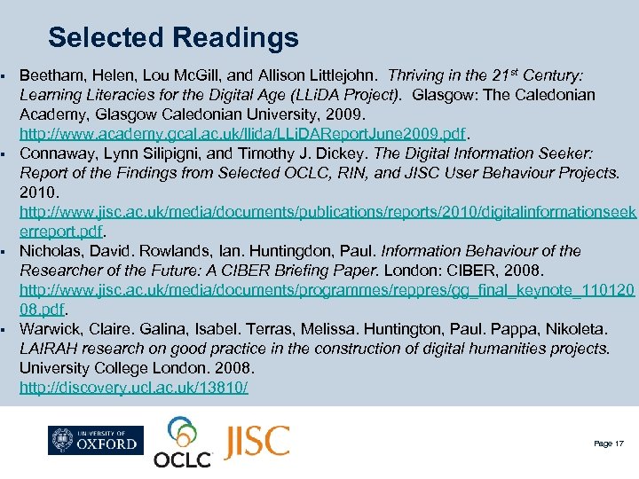 Selected Readings Beetham, Helen, Lou Mc. Gill, and Allison Littlejohn. Thriving in the 21