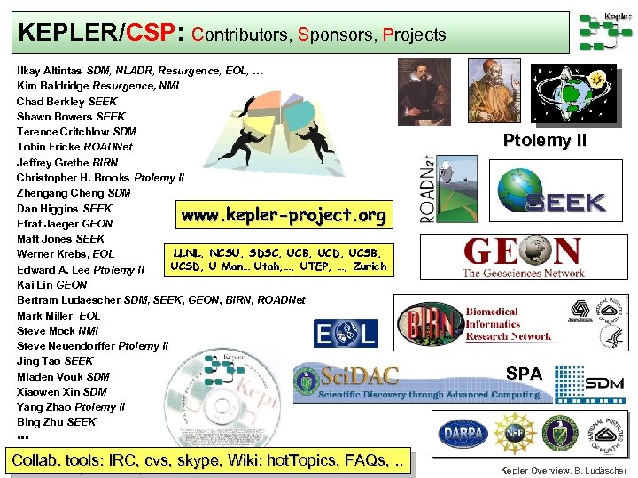 KEPLER/CSP: Contributors, Sponsors, Projects Ilkay Altintas SDM, NLADR, Resurgence, EOL, … Kim Baldridge Resurgence,