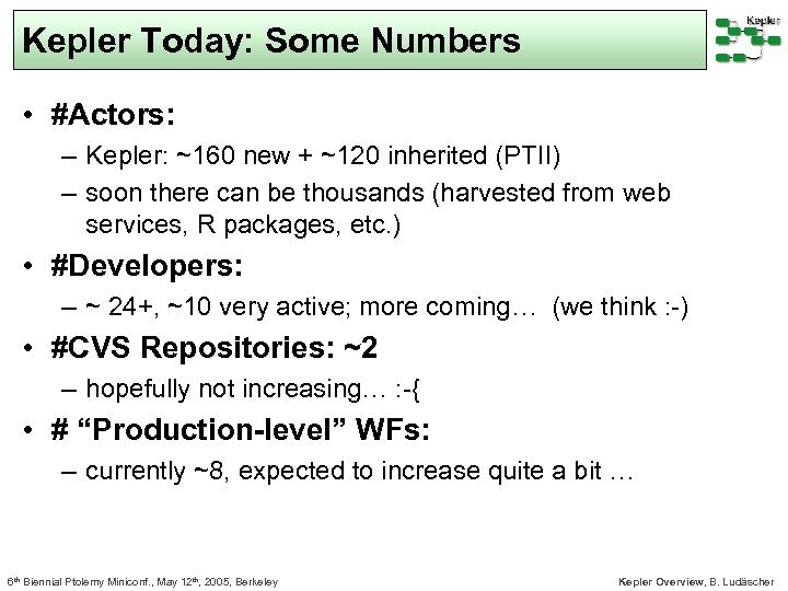 Kepler Today: Some Numbers • #Actors: – Kepler: ~160 new + ~120 inherited (PTII)