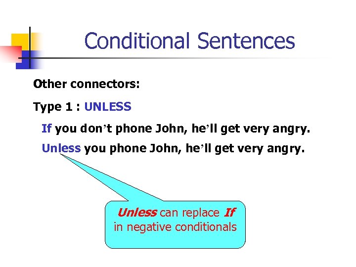 Conditional Sentences Other connectors: Type 1 : UNLESS If you don’t phone John, he’ll