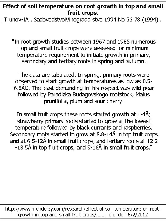 Effect of soil temperature on root growth in top and small fruit crops. Trunov-IA.