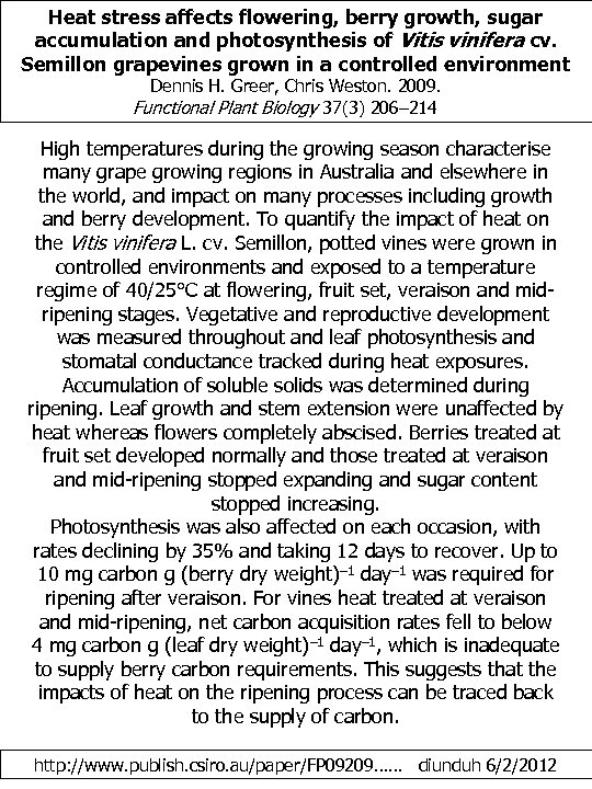 Heat stress affects flowering, berry growth, sugar accumulation and photosynthesis of Vitis vinifera cv.