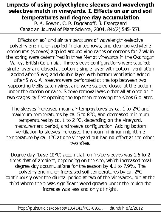 Impacts of using polyethylene sleeves and wavelength selective mulch in vineyards. I. Effects on