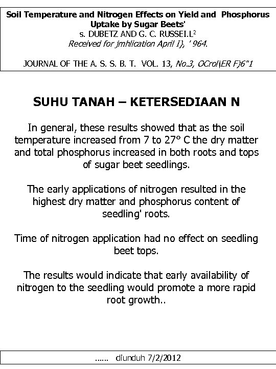 Soil Temperature and Nitrogen Effects on Yield and Phosphorus Uptake by Sugar Beets' s.