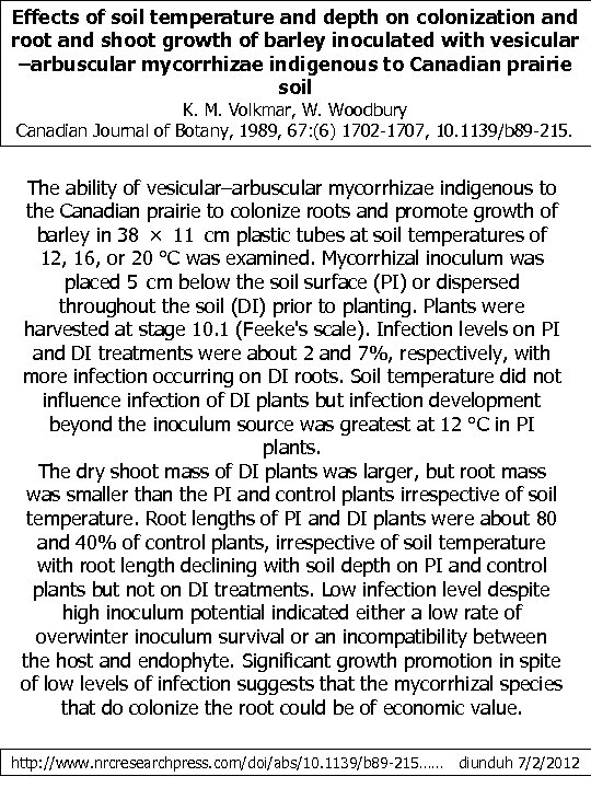 Effects of soil temperature and depth on colonization and root and shoot growth of