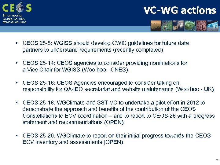 SIT-27 Meeting La Jolla, CA, USA March 26 -28, 2012 VC-WG actions • CEOS
