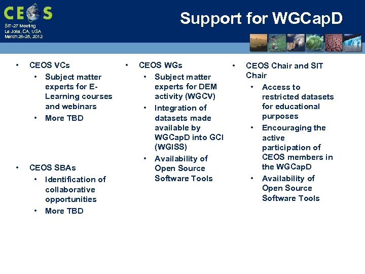 Support for WGCap. D SIT-27 Meeting La Jolla, CA, USA March 26 -28, 2012