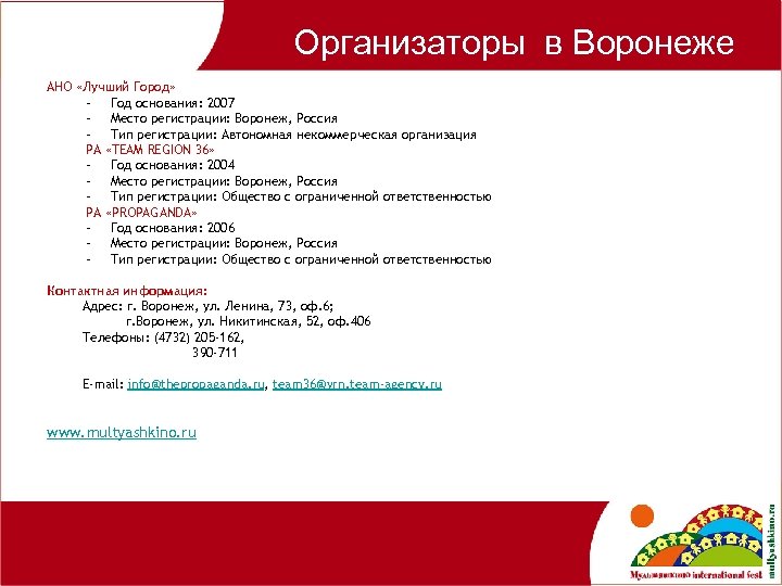 Организаторы в Воронеже АНО «Лучший Город» – Год основания: 2007 – Место регистрации: Воронеж,