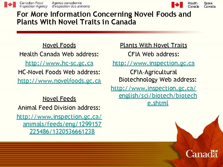 For More Information Concerning Novel Foods and Plants With Novel Traits in Canada Novel