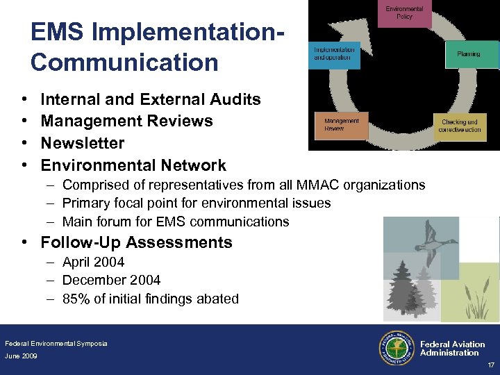 EMS Implementation. Communication • • Internal and External Audits Management Reviews Newsletter Environmental Network