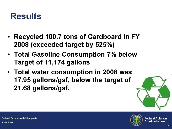 Results • Recycled 100. 7 tons of Cardboard in FY 2008 (exceeded target by