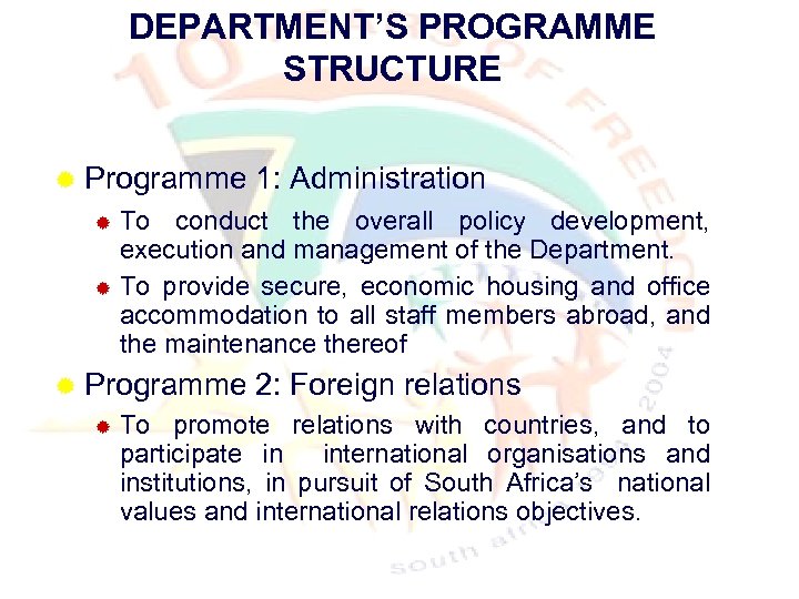 DEPARTMENT’S PROGRAMME STRUCTURE ® Programme 1: Administration To conduct the overall policy development, execution