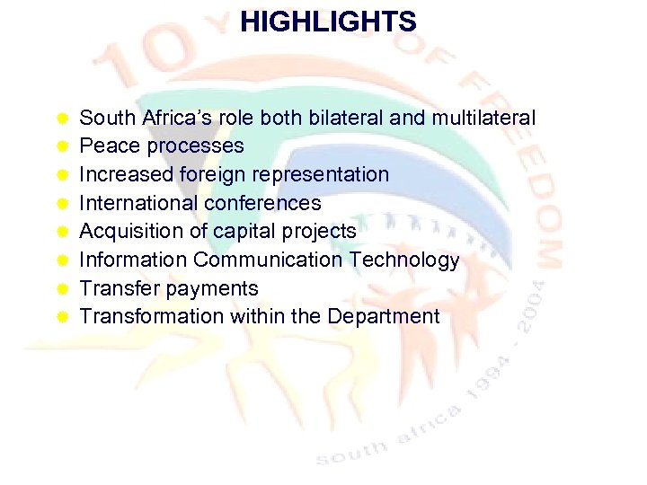 HIGHLIGHTS ® ® ® ® South Africa’s role both bilateral and multilateral Peace processes