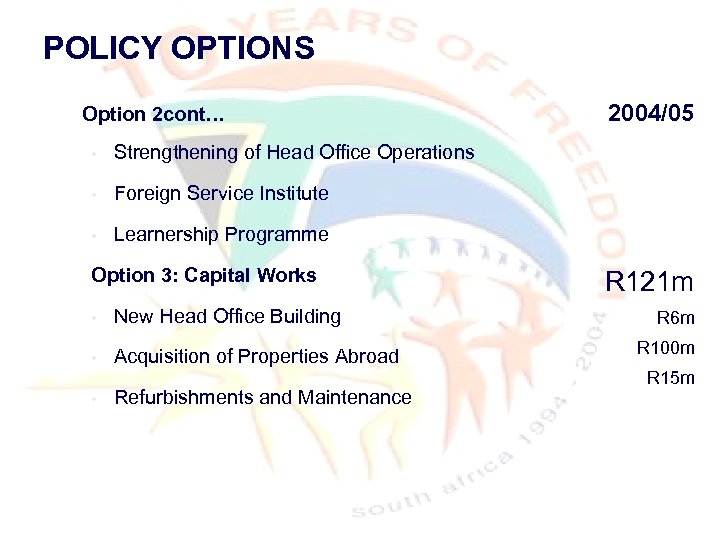 POLICY OPTIONS Option 2 cont… • Strengthening of Head Office Operations • Foreign Service