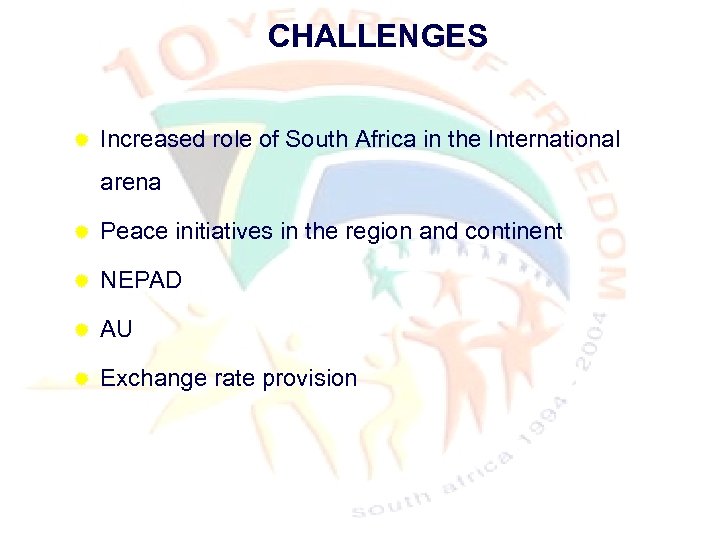 CHALLENGES ® Increased role of South Africa in the International arena ® Peace initiatives
